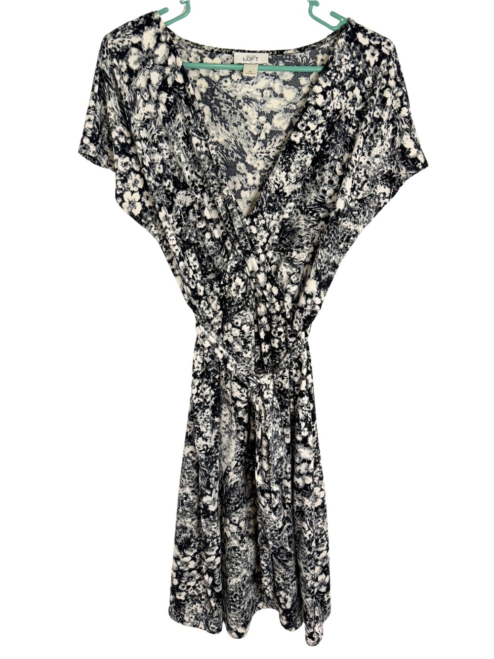 Ann Taylor LOFT Black, Gray & White Printed Faux Wrap Dress with Tie Belt